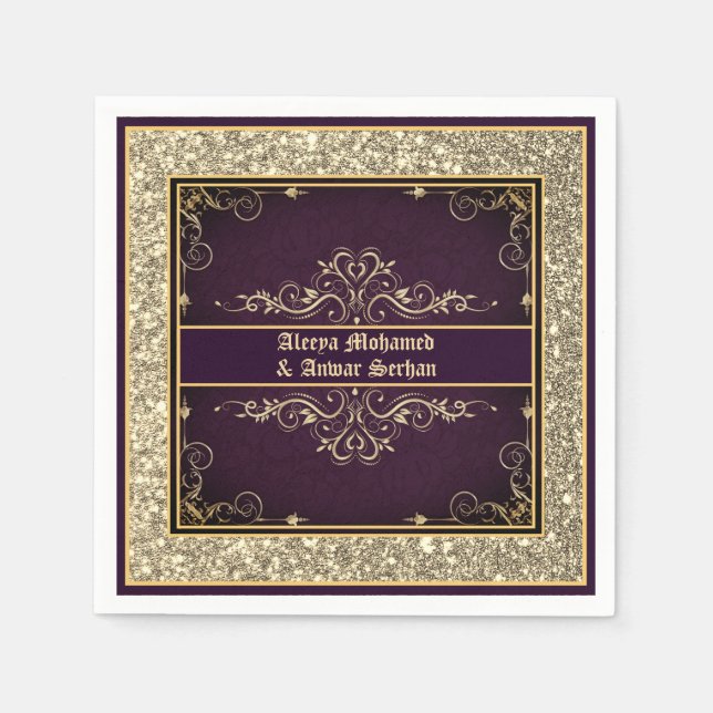Exotische Lila Gold Verzierte Glitzer Personalisie Serviette (Vorderseite)