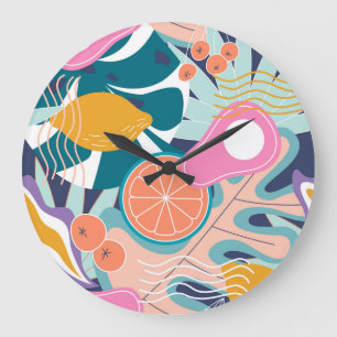 Exotische, moderne Dschungel-Collage. Große Wanduhr