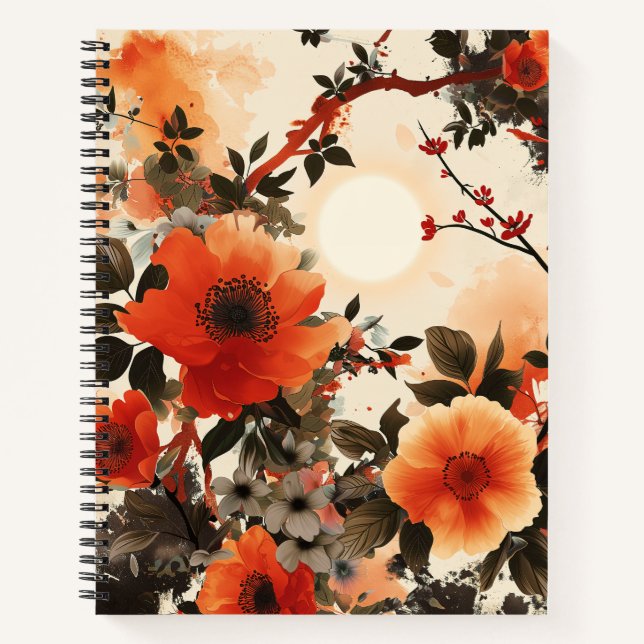 Exotische Orangen- und Braunblumenfeder Notizbuch (Vorderseite)