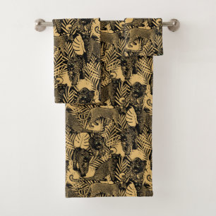 Exotische Panther/Leoparden Schwarz und Gold Badhandtuch Set