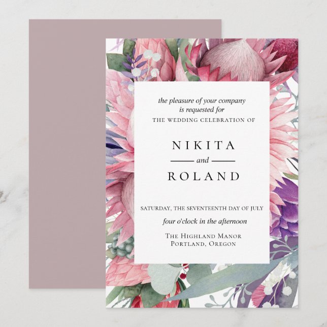 Exotische Protea Floral Hochzeit Einladung (Vorne/Hinten)