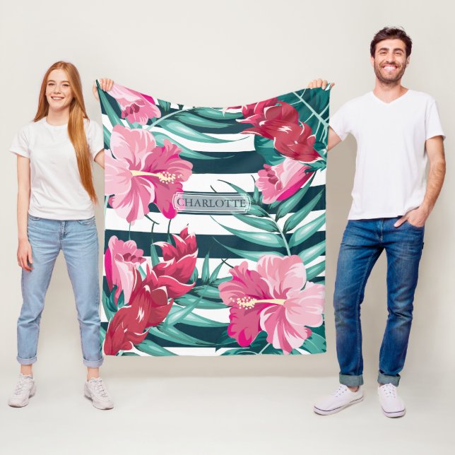 Exotische rosa Blume Monogramm gestreift Fleecedecke (Beispiel)