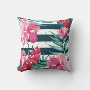 Exotische rosa Blume Monogramm gestreift Kissen