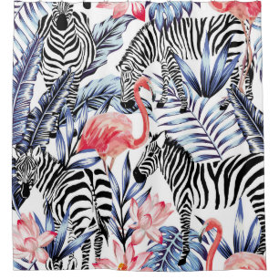Exotische rosa Flamingo, Zebra im Hintergrund Somm Duschvorhang