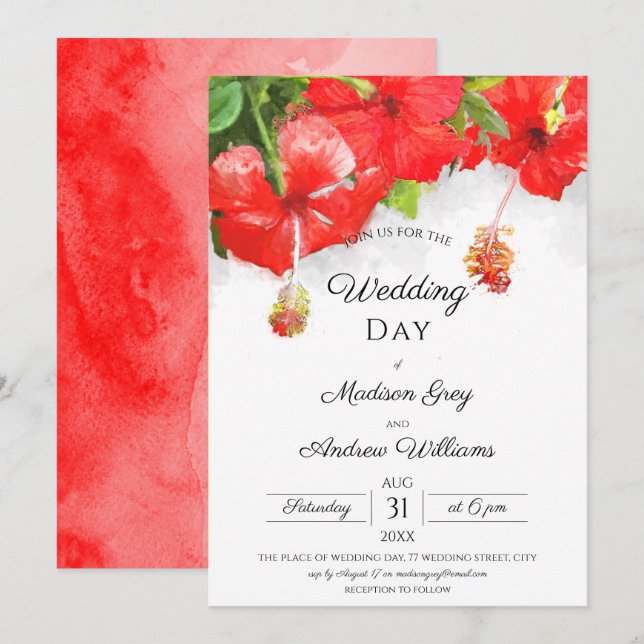 Exotische Rote Hibiskus Blume Hochzeit Einladung (Vorne/Hinten)