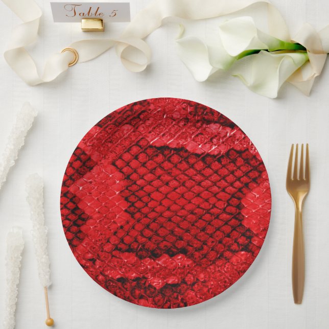 Exotische Schlangenhautmuster, moderne rote Farbe Pappteller (Hochzeit)