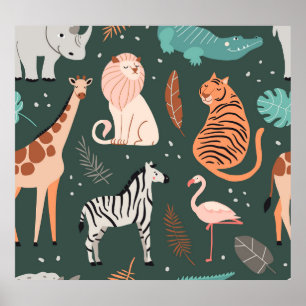 Exotische Tiere: dunkles tropisches Kindermuster. Poster