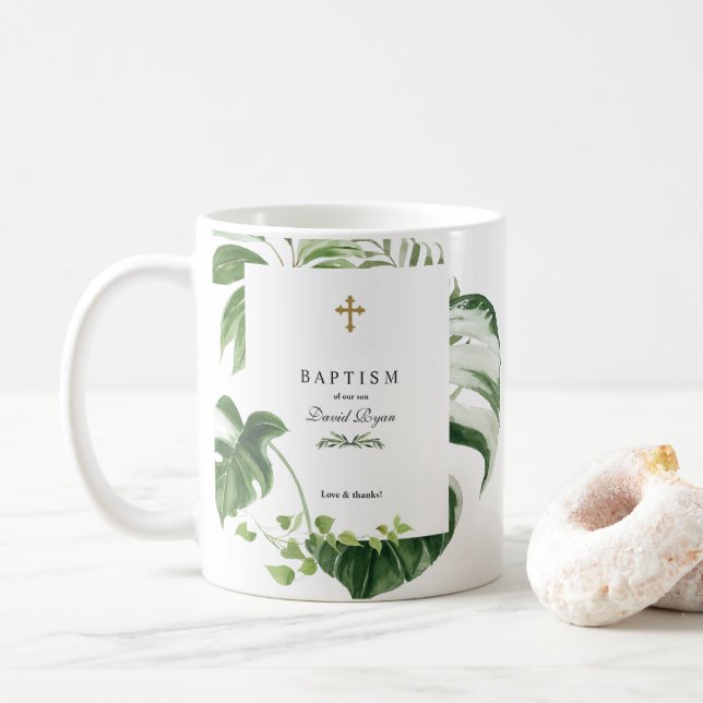 Exotische tropische Blätter Gold Cross Boy Taufe Kaffeetasse (Mit Donut)