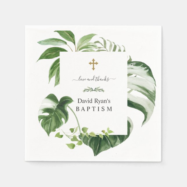Exotische tropische Blätter Gold Cross Boy Taufe Serviette (Vorderseite)