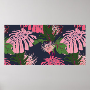 Exotische tropische Blätter in Grün und Rosa und p Poster