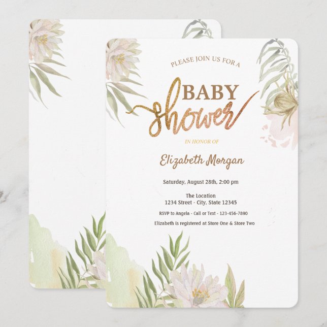 Exotische tropische Blume Blätter Kinderdusche Einladung (Vorne/Hinten)