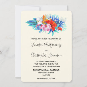 Exotische tropische Blumen - Pink & Aqua Hochzeit Einladung