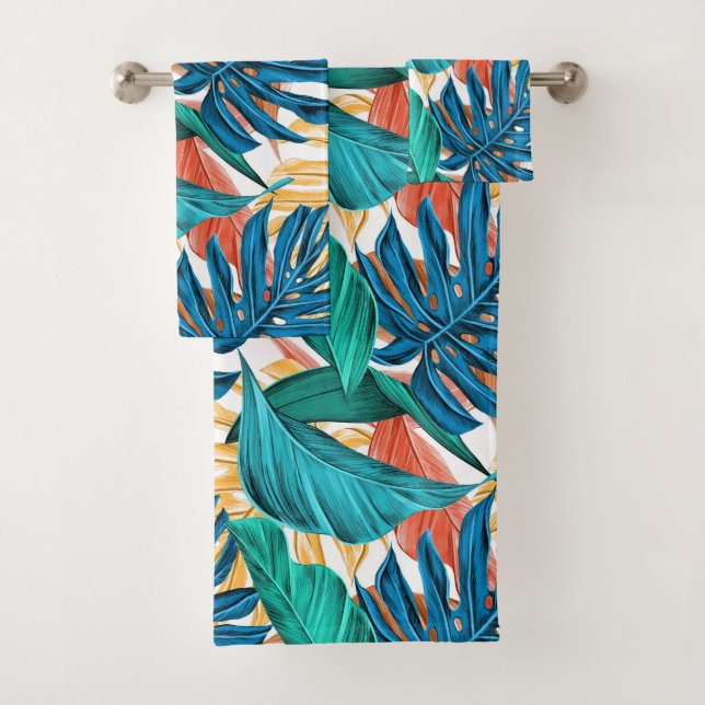 Exotische tropische Foliage Blätter Aquamarin Badhandtuch Set (Insitu)