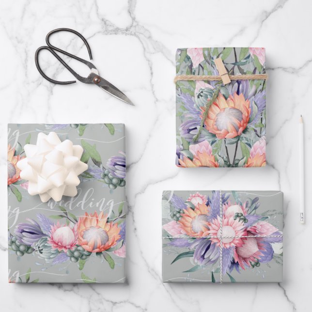 Exotische tropische King Protea Wasserfarben Blume Geschenkpapier Set (Vorderseite)