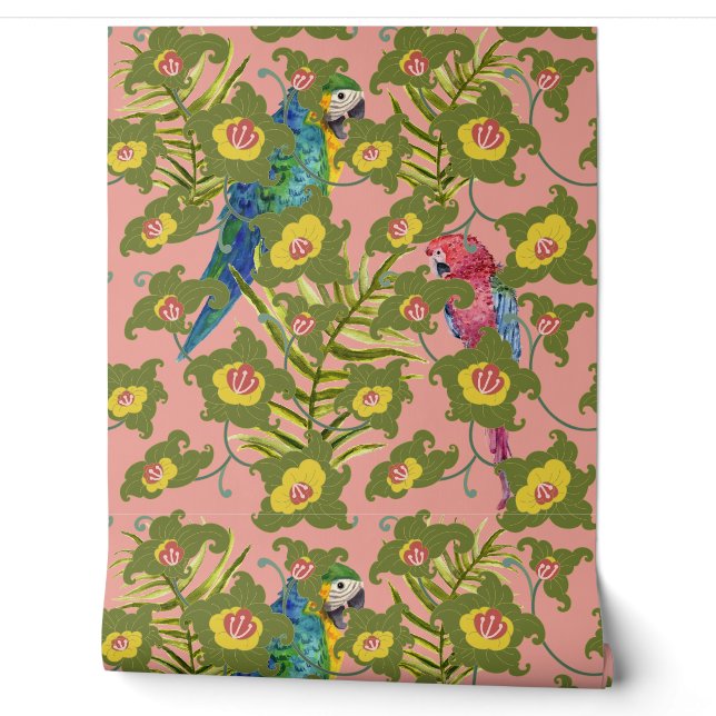 Exotische tropische Papageien und Blume Tapete (Abrollen)
