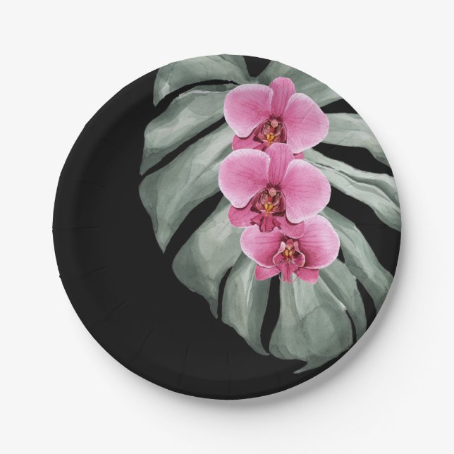 Exotische tropische Wasserfarben Hot-Pink-Orchidee Pappteller (Vorderseite)