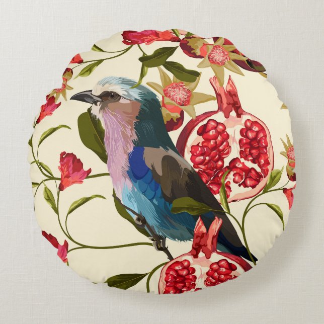 Exotische Vögel, Blume, Granatapfel. Rundes Kissen (Vorderseite)