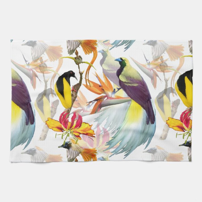 Exotische Vögel des Paradieses und Blume Aquarell Geschirrtuch (Horizontal)