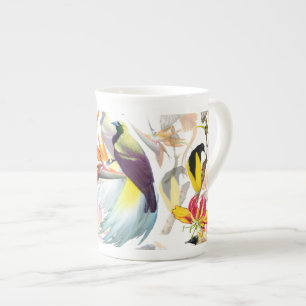 Exotische Vögel des Paradieses und Blume Aquarell Prozellantasse