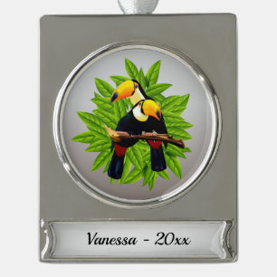 Exotische Vögel personalisieren mit Namen und Datu Banner-Ornament Silber