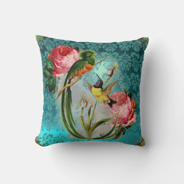 EXOTISCHE VÖGEL UND ROSEN AQUA BLAU, AQUAMARINER D KISSEN (Vorderseite)