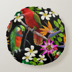 exotische Vögel und wunderschöne Blume Rundes Kissen
