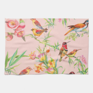 Exotische Vögel: Vintage Blüten nahtlos. Geschirrtuch