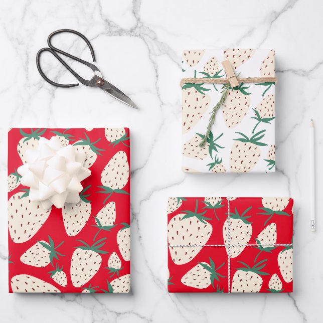 Exotische weiße Erdbeeren süße, bunte Früchte Geschenkpapier Set (Vorderseite)