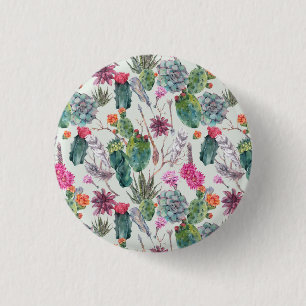 Exotischer Boho Aquarell-Kaktus u. saftiges Muster Button