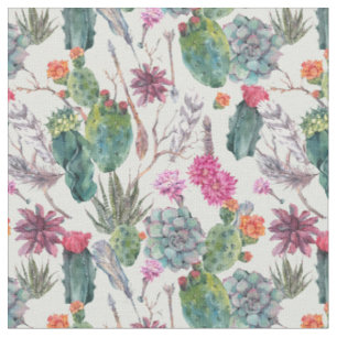 Exotischer Boho Aquarell-Kaktus u. saftiges Muster Stoff