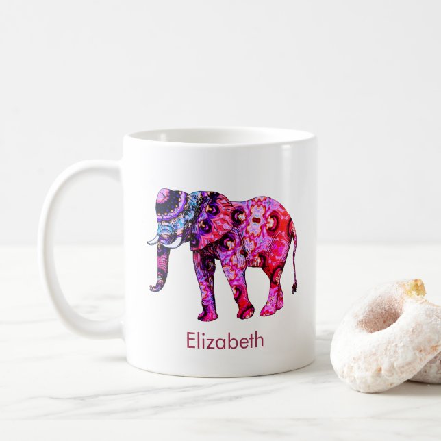 Exotischer Elefant mit einem farbenfrohen östliche Kaffeetasse (Mit Donut)