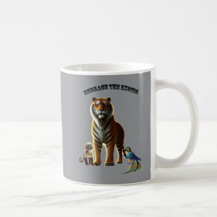 Exotischer Haustierliebhaber mit Tiger, Affe und A Kaffeetasse