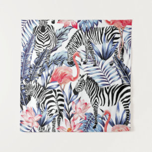 Exotischer rosa Flamingo, Zebra auf Hintergrund So Wandteppich