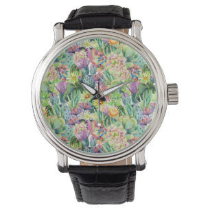 Exotisches blühendes Aquarell-Kaktus-Muster Armbanduhr