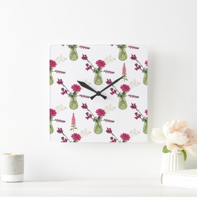 Exotisches Blumenarrangement im Glas Quadratische Wanduhr (Zuhause)