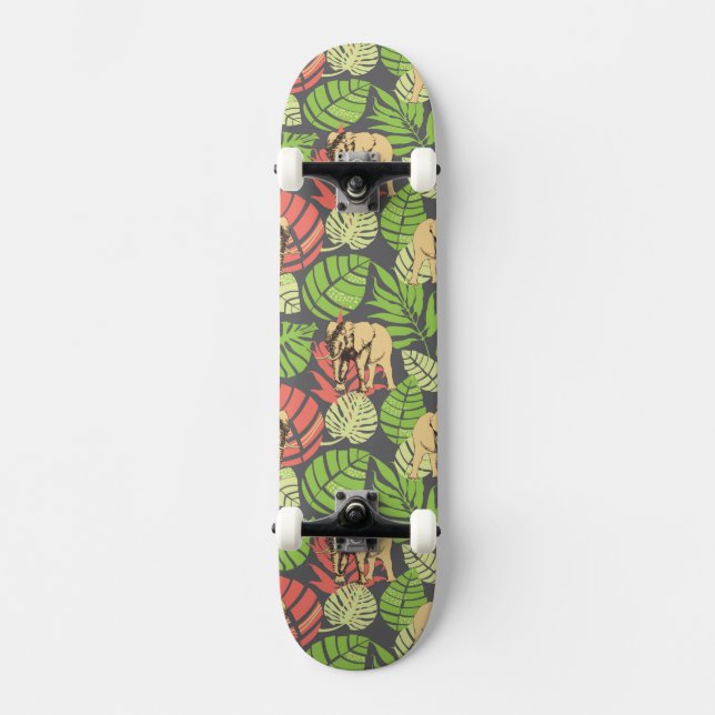 Exotisches Dschungel-Blätter und Elefanten Skateboard (Vorderseite)