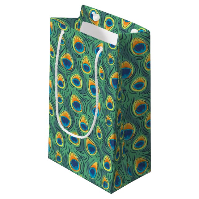Exotisches Pfau-Feder-Muster-Juwel-Grün Kleine Geschenktüte (Vorderseite Schrägansicht)