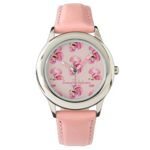 Exotisches rosa Flamingo-Muster und Name Armbanduhr