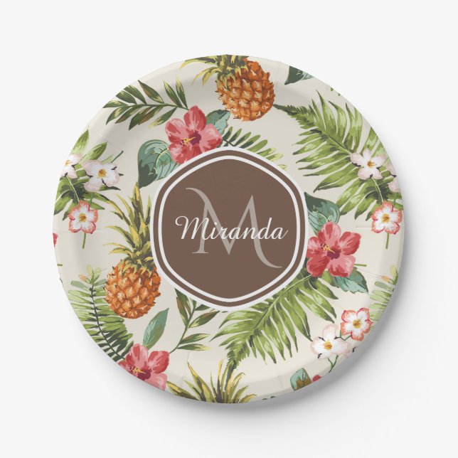 Exotisches tropisches Ananas, florbraune Monogramm Pappteller (Vorderseite)