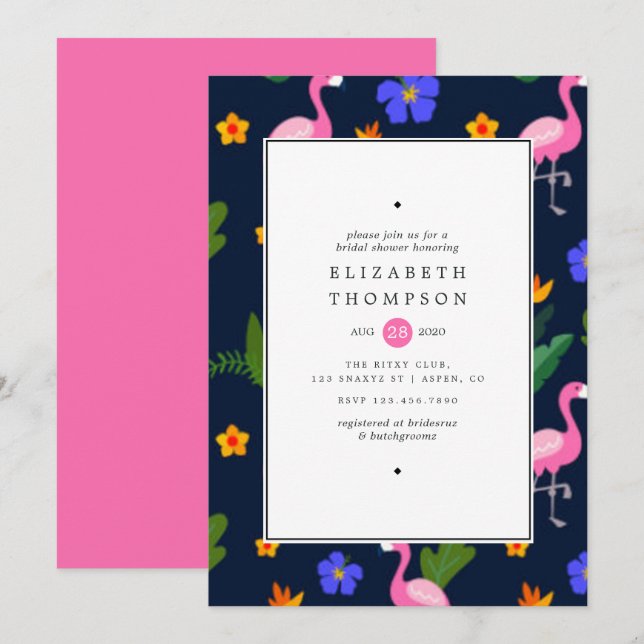 Exotisches tropisches Flamingo-Brautparty Einladung (Vorne/Hinten)