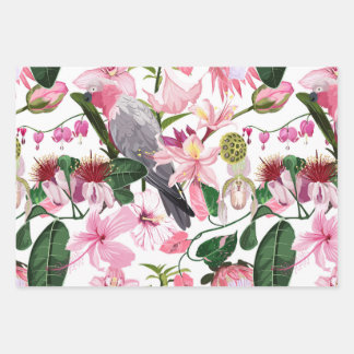 Exotisches tropisches Muster mit Papagei und Blume Geschenkpapier Set