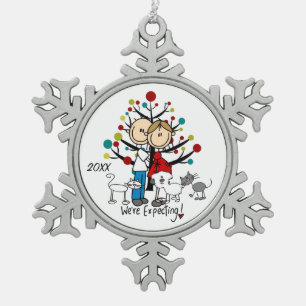 Expectant Couple 2 Cats Hund Schneeflocken Ornamen Zinn-Ornament