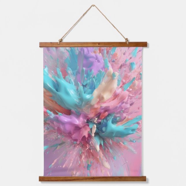 Explodierender Abstrakt rosa türkisfarbener Lilac Wandteppich Mit Holzrahmen (Vorderseite)