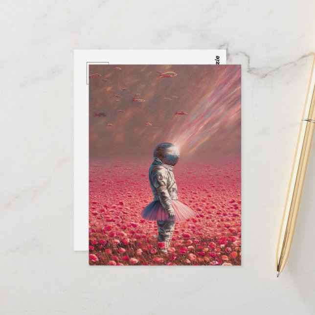 Explorer in den Blume mit fliegendem Fisch Postkarte (Vorderseite/Rückseite Beispiel)