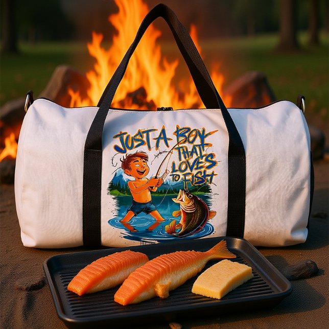 Exploring Nature: Boy Fishing With a Big Catch Duffle Bag (Von Creator hochgeladen)