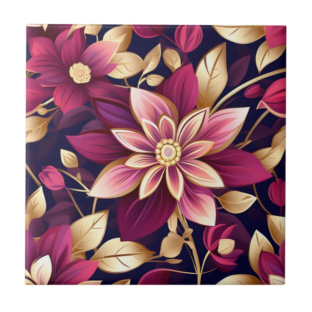 Explosion von Burgund- und Goldflora Fliese (Vorderseite)
