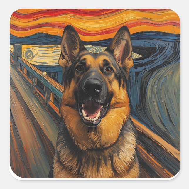 Expressionist Angst Painting German Shepherd Quadratischer Aufkleber (Vorderseite)