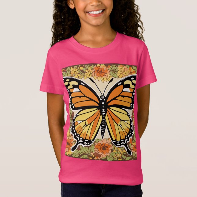 Expressionist Monarch Butterfly mit floralem Patte T-Shirt (Vorderseite)