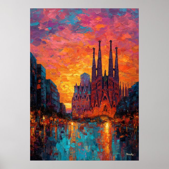 Expressionistische Skyline von Barcelona Lebendige Poster (Vorne)