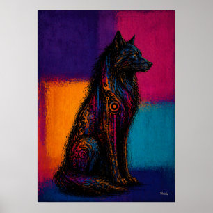 Expressionistischer schwarzer Wolf in Color Fields Poster
